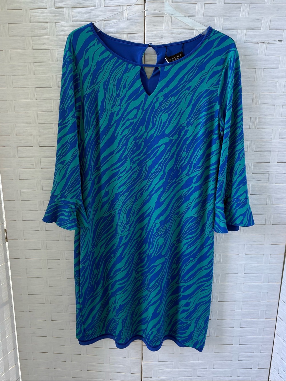 Laundry By Shelli Segal Large Blue Green Dress 3/4 Sleeve Keyhole Career Church